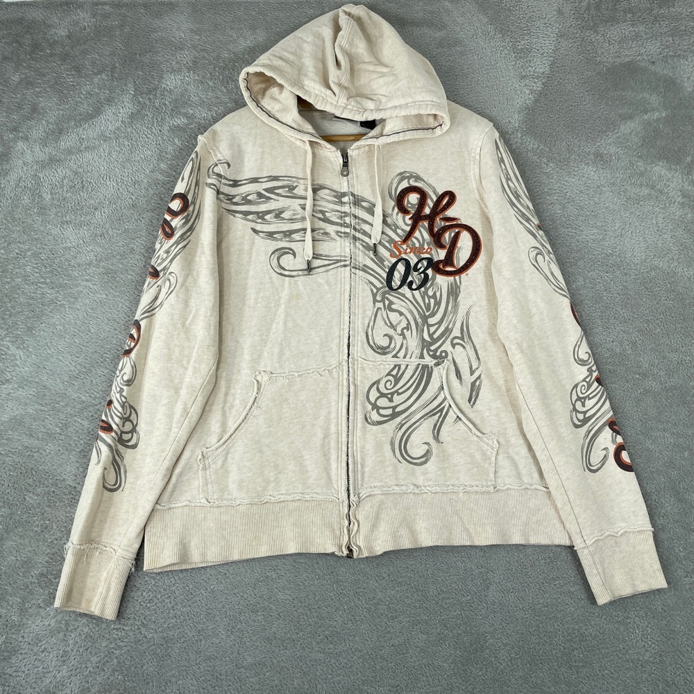 Harley Davidson Hoodie Womens XL Cream Vintage Y2K Rhinestone Biker Scroll